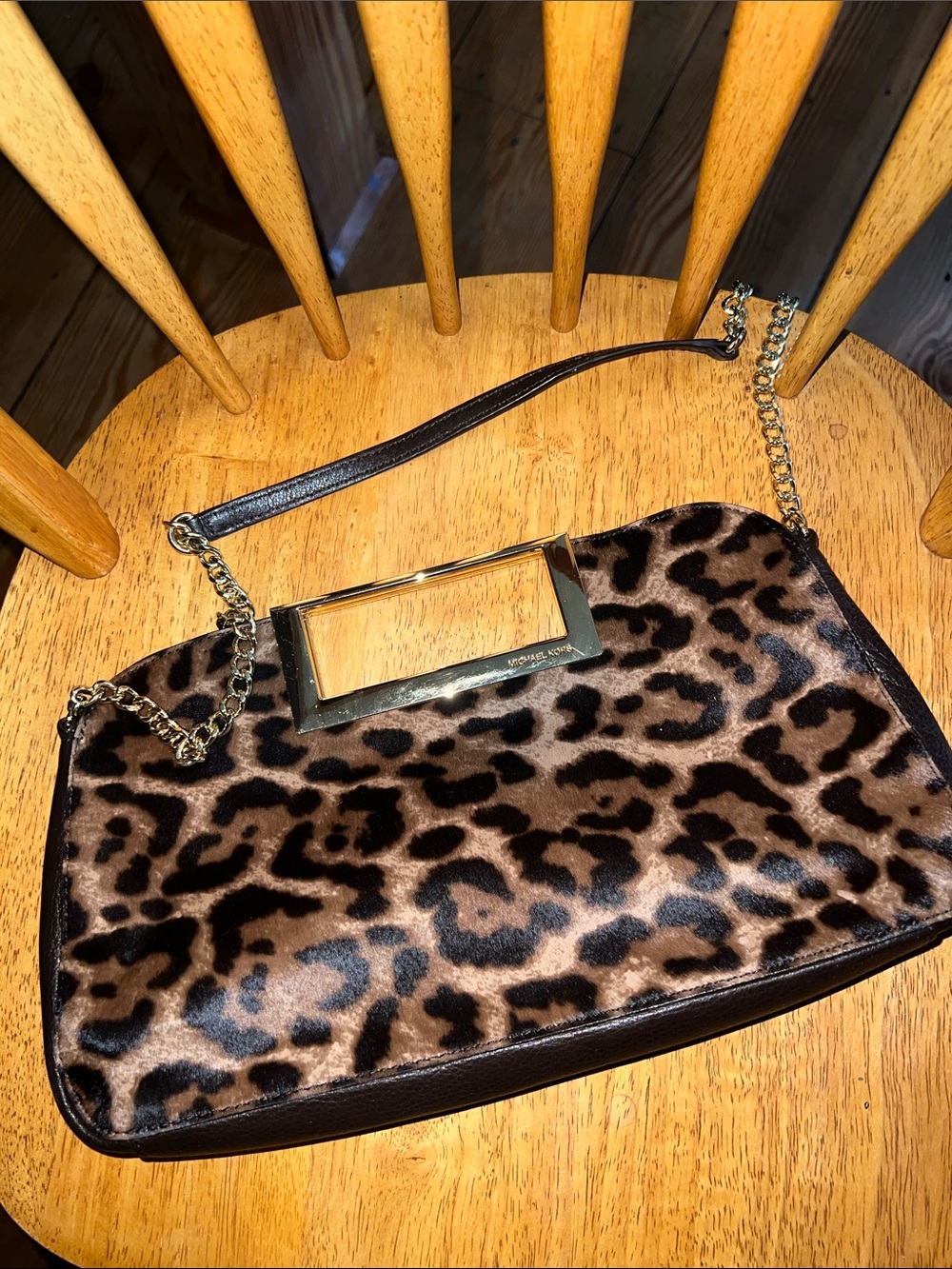 MK Berkley Large Leopard print Clutch in leather+calf hair w/ goldtone